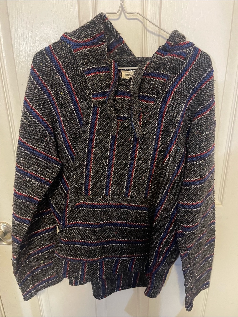 Women's Hooded Baja Knit Sweater - Black with Blue & Red Stripes